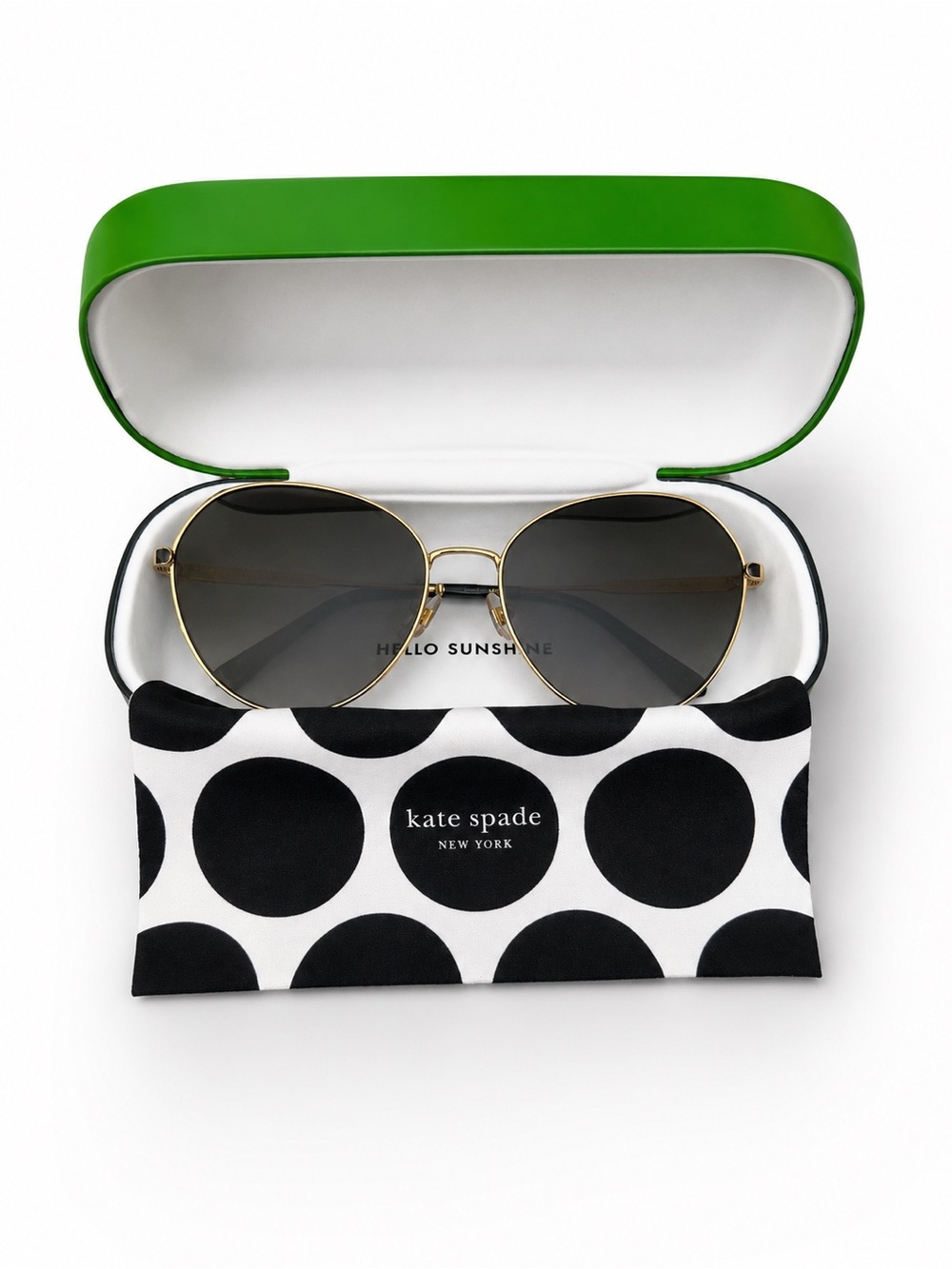 NWOT kate spade Gold Aviator Sunglasses with Green Hard Case With COA